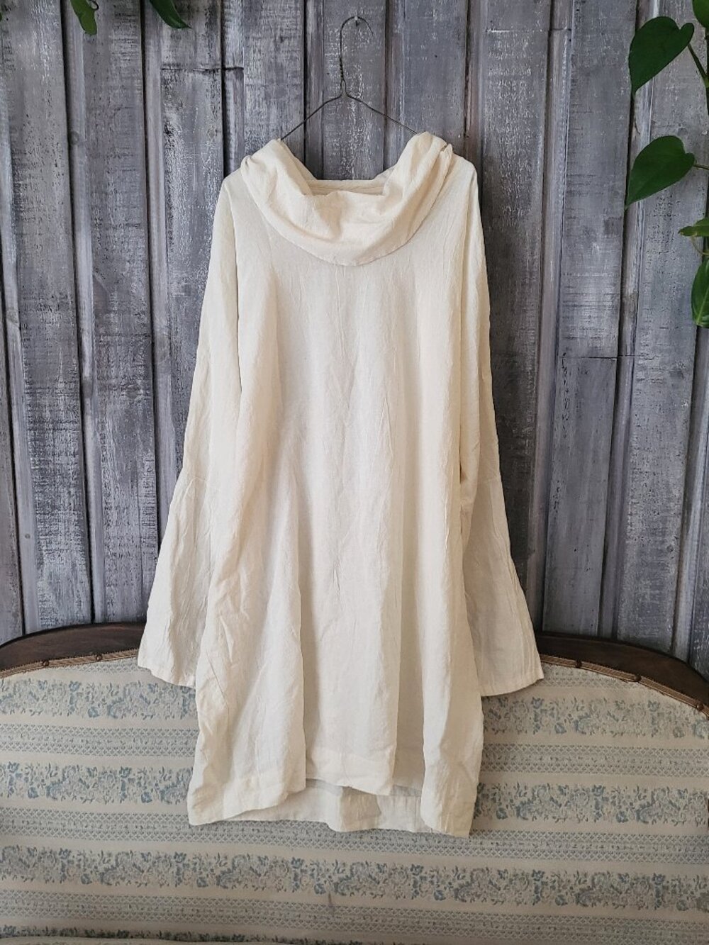 UZI NYC Cream White Crinkle Cotton Cowl Neck Tunic Dress Oversized OS Boho
